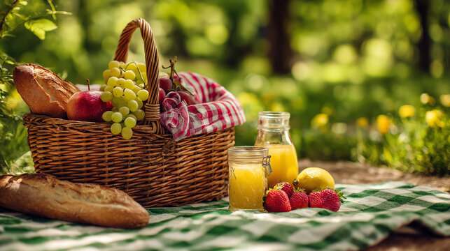Classic summer picnic essentials arranged outdoors, ideal for vacation and lifestyle marketing.