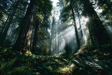 Obraz premium Majestic green forest features tall tree trunks with intense god rays and sunbeams piercing through the canopy creating a mystical vibe.