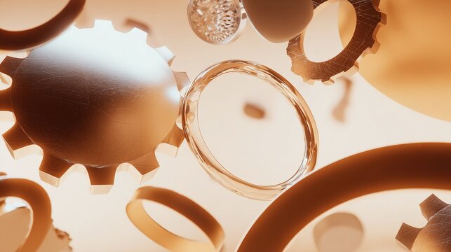 Abstract mechanical gears in metallic tones, minimalist geometric shapes on gradient background, conceptual technology theme.