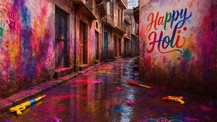 Naklejka premium Colorful narrow street in India covered in bright Holi powder and water with water guns and rangoli after festival celebration