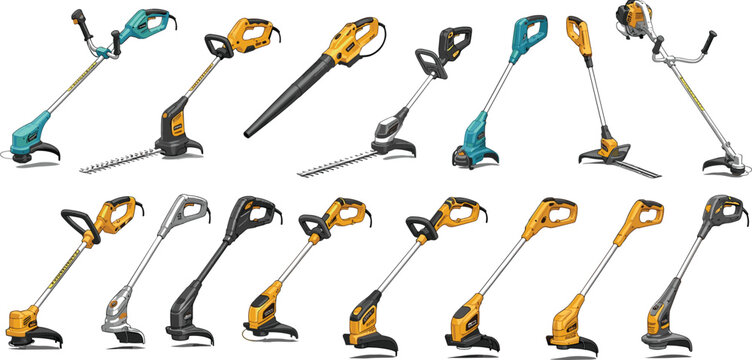 Electric Garden Trimmer and Hedge Cutter Vector Set Featuring Cordless Grass Trimmers, Leaf Blowers, and Landscaping Power Tools