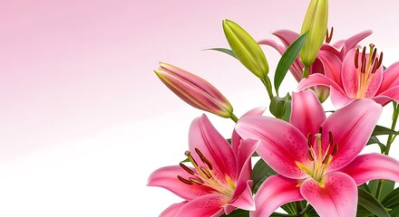Vibrant pink lilies in bloom with green leaves against soft gradient background © NeoDesign Hub