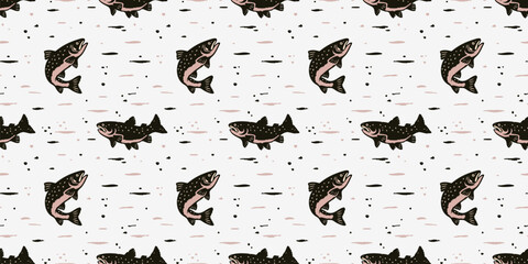 Seamless Trout Fish Pattern in Hand-Drawn Style, Fishing Outdoor Repeat Background