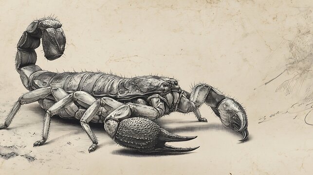 Detailed black and white sketch of a large scorpion on aged parchment paper with faint drawing det