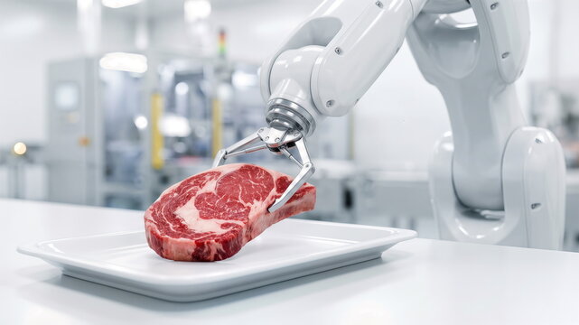 Robotic arm precisely handles raw steak in a sterile food processing facility, showcasing automation and advanced food technology.
