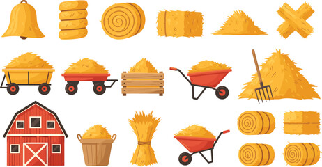 Farm Hay Bale and Straw Isolated Vector Icon Set with Barn, Wheelbarrow, Cart, and Agriculture Harvest Elements © MdMunzurul
