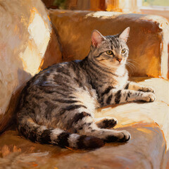 Oil painting of an American shorthair cat resting on a sofa in bright warm sunlight