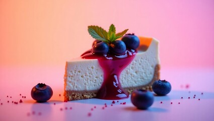Creamy cheesecake slice with blueberries and berry sauce dessert