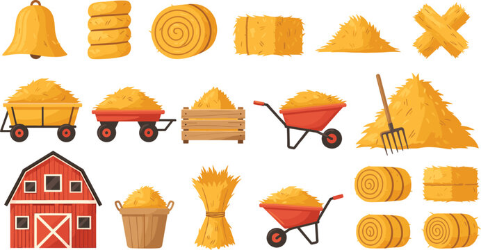 Farm Hay Bale and Straw Isolated Vector Icon Set with Barn, Wheelbarrow, Cart, and Agriculture Harvest Elements