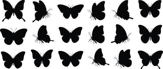 Butterfly silhouette collection set, flying insect wing shapes bundle with realistic nature inspired forms for tattoo, logo, stencil and decorative design, Vector illustration © PixelsWorld