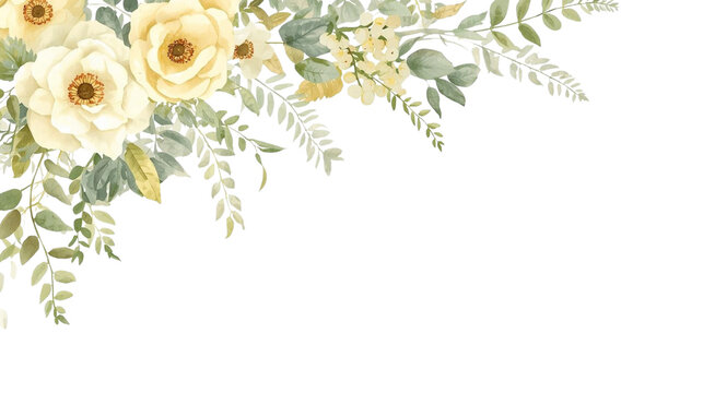 watercolor floral flower corner arrangement with yellow roses eucalyptus, pastel wedding invitation cards design, png, isolated on transparent background