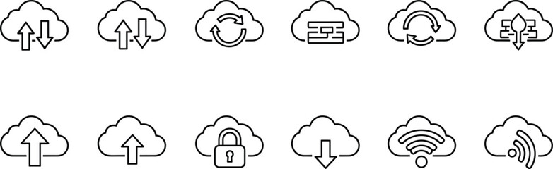 Cloud security and data transfer line icon set with upload download sync firewall database lock and wireless network symbols, Vector illustration.