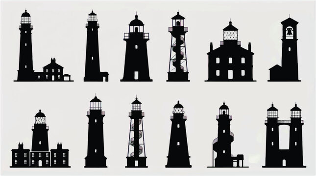 Collection of various lighthouse silhouettes in different architectural styles and designs