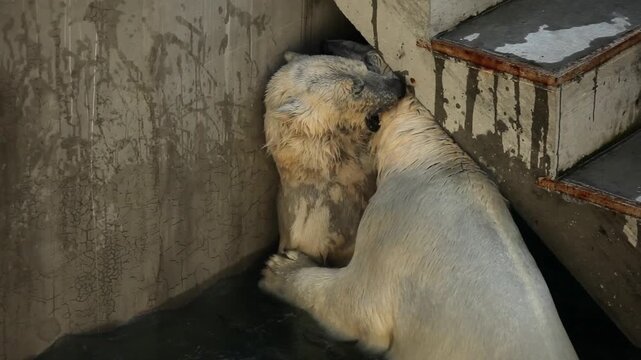 Two massive polar bears playing and wrestling in water of zoo pool, large arctic predators swimming and biting each other playfully, powerful white bears fighting in enclosure during