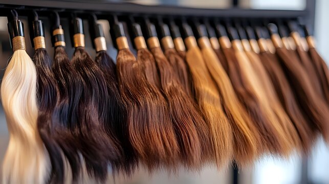 Professional hair extension samples in various shades from blonde to brunette displayed on salon rack for color matching and styling services.