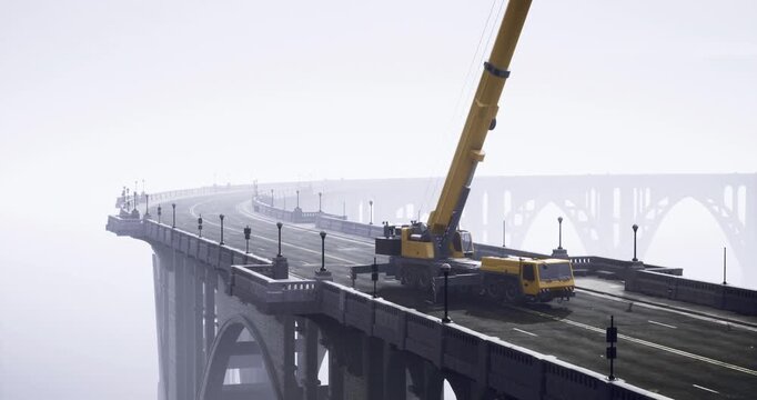 Heavy machinery is positioned on a bridge surrounded by thick fog. A crane is seen working on the structure, highlighting construction efforts in an isolated area.