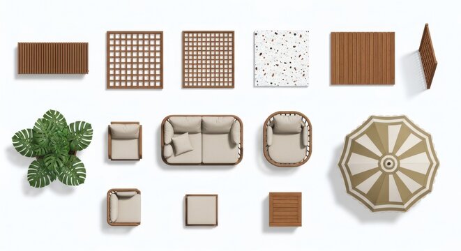 Top view collection of outdoor patio furniture including sofa armchairs umbrella and deck tiles