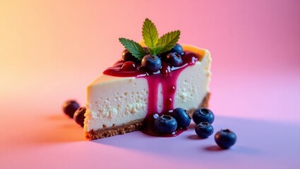 Creamy cheesecake slice with blueberry topping and mint dessert fruit