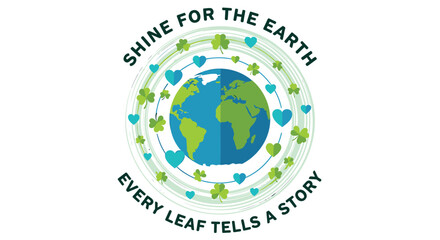 Environmental eco friendly logo with earth and leaves, Shine For The Earth slogan. Includes globe, leaves, hearts, eco symbols. Created in vector style with green and blue color palette