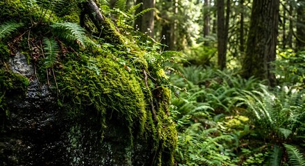 Fototapeta premium Moss-covered fallen log with vibrant green ferns in lush temperate rainforest. Natural woodland ecosystem with rich biodiversity and organic textures.
