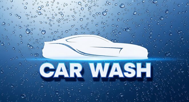 Car wash service logo design with clean vehicle illustration and water droplets background