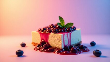 Creamy cheesecake slice with blueberry topping and mint leaf sauce