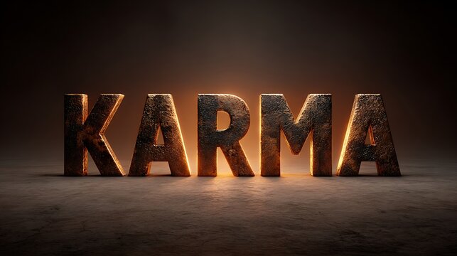 Textured Bronze Karma Letters Glowing with Warm Light on a Dark Textured Surface. 3D Render