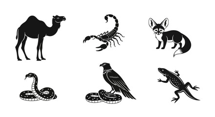 Obraz premium Black Silhouette Icons of Desert Animals Camel Scorpion Fox Snake Bird and Lizard.