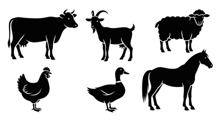 Fototapeta premium Black Silhouette Icons of Farm Animals Cow Goat Sheep Horse Chicken Duck.