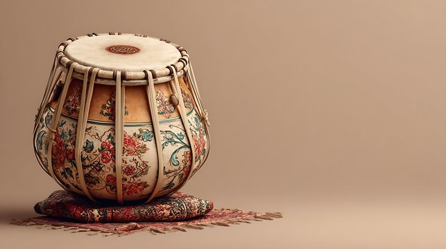 Ornate Tabla Drum with Traditional Floral Design Resting on a Decorative Pillow