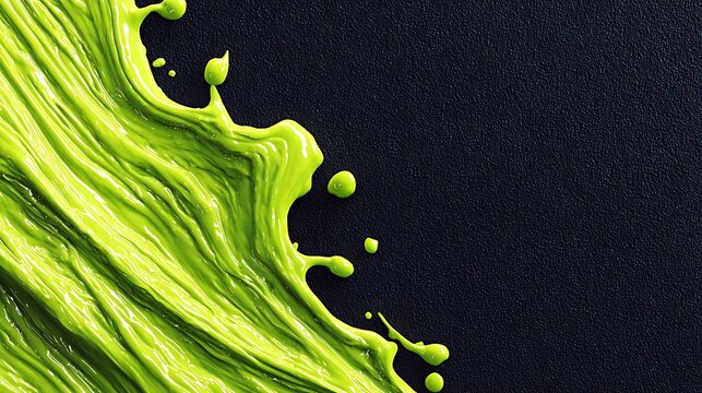 Vibrant green liquid splash with droplets on a dark textured background. abstract motion effect