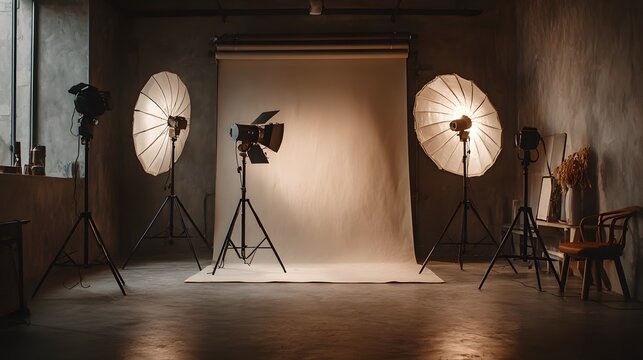 Professional photo studio setup includes softboxes, umbrella lights, and a beige seamless backdrop in a creative workspace environment.