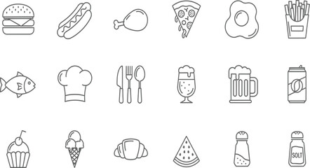 A collection of simple line drawings representing various food items and utensils.