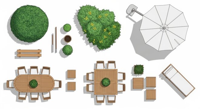 Top view collection of garden furniture and landscape design elements for outdoor patio planning