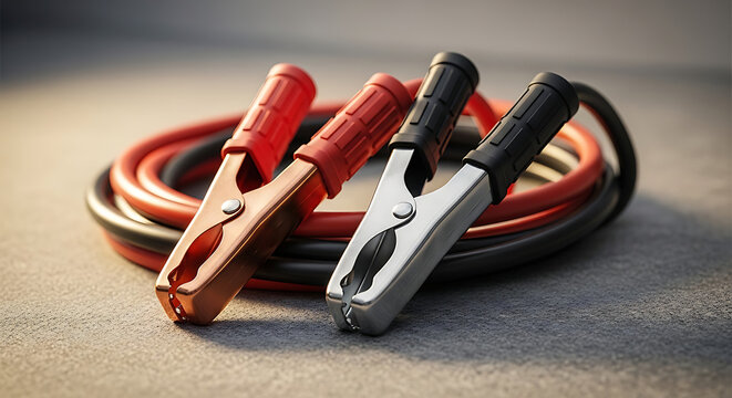 Jumper cables with red and black clamps coiled on a gray surface, showcasing automotive equipment in a close-up view.