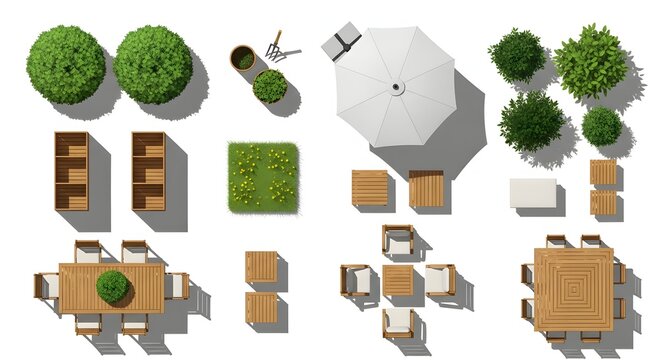Top view collection of outdoor patio furniture and garden landscaping elements for architectural design