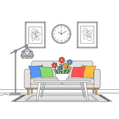 Fototapeta premium Cozy Living Room Interior with Sofa, Coffee Table, Flowers, and Art