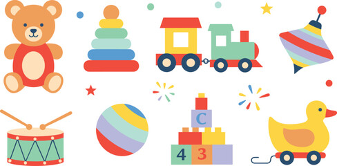 Naklejka premium Kids Toy Icon Set with Teddy Bear, Train, Building Blocks, Drum, Spinning Top, Ball, and Pull Along Duck Vector Collection.