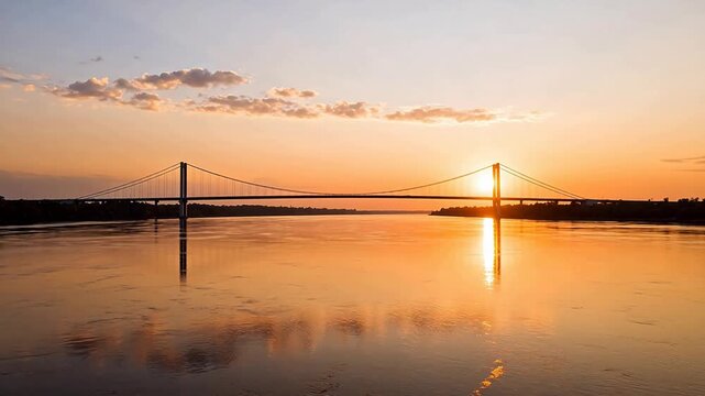 Sunset bridge over calm river