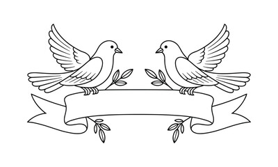 Fototapeta premium Two stylized doves holding olive branches and a blank ribbon banner for text