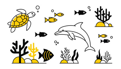 Minimalist vector illustration of marine life including a sea turtle, dolphin, various fish, coral, and seaweed in a simple black and yellow line art style.