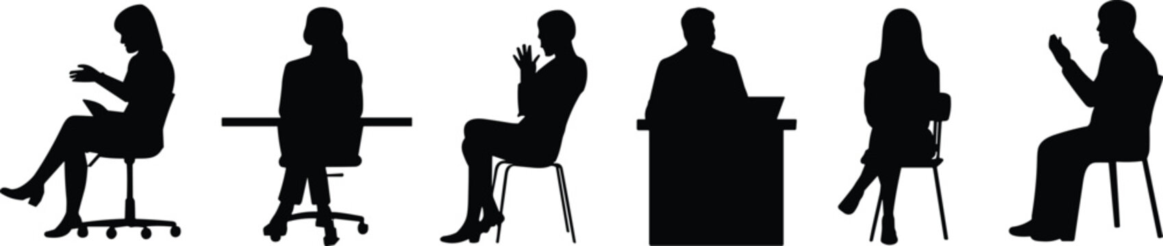Business panel discussion silhouettes, corporate meeting interview scene with seated professionals, conference speaker, moderator at desk, audience applause, leadership and teamwork concept