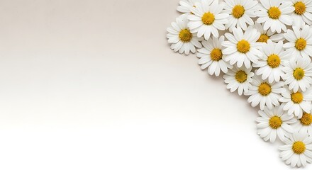 Fototapeta premium White daisies arranged in corner on soft white background with natural lighting and delicate petals
