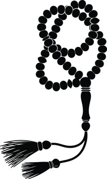 A simple black mala necklace with tassels on a white background.