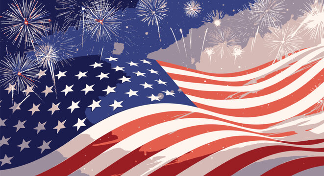American flag waving with fireworks on 4th of July celebration