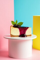 Creamy cheesecake with blueberry topping and mint leaves dessert