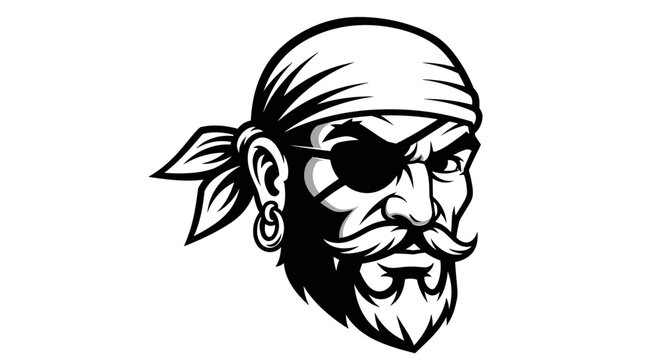 Pirate Head Illustration with Eyepatch and Bandana.