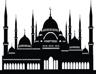 Fototapeta premium A beautiful black silhouette of a grand mosque with multiple minarets and domes.