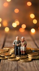 Fototapeta premium Miniature elderly couple sitting on golden coins with warm bokeh lights background representing retirement savings and financial security planning.
