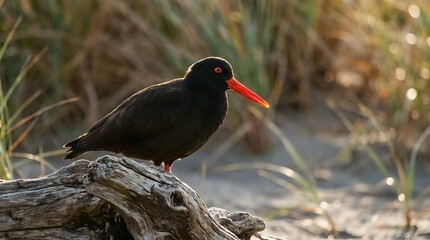 Black oystercatcher bird perched on driftwood log near coastal marsh grasses during golden hour light for wildlife photography and nature documentation.